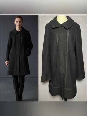 Hilary Radley 100% Boiled Wool A Line Pea Coat with Leather Trim Detail Black